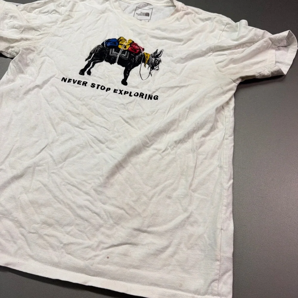 The North Face Mens L Graphic T Shirt White Donkey Explorer Print Short Sleeve